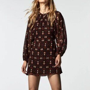 Zara The Sadie Maroon/Black Geometric Bohemian Mod Mini Dress Size M